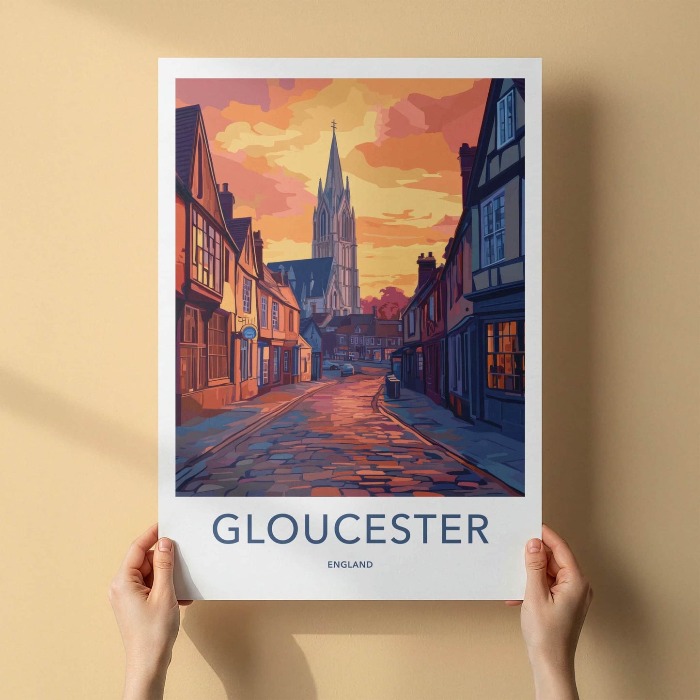 Gloucester Poster - England Travel Art - Sunset Cobblestone Street Wall Decor