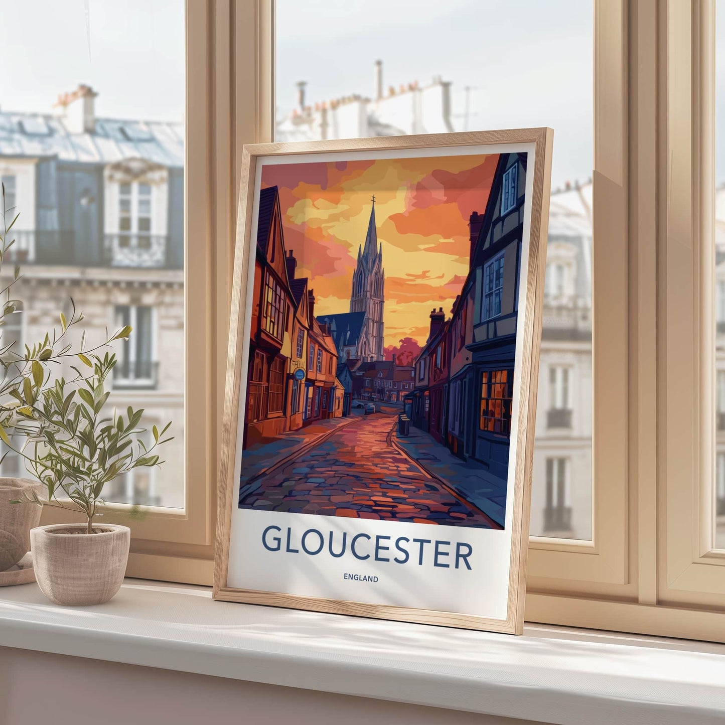 Gloucester Poster - England Travel Art - Sunset Cobblestone Street Wall Decor