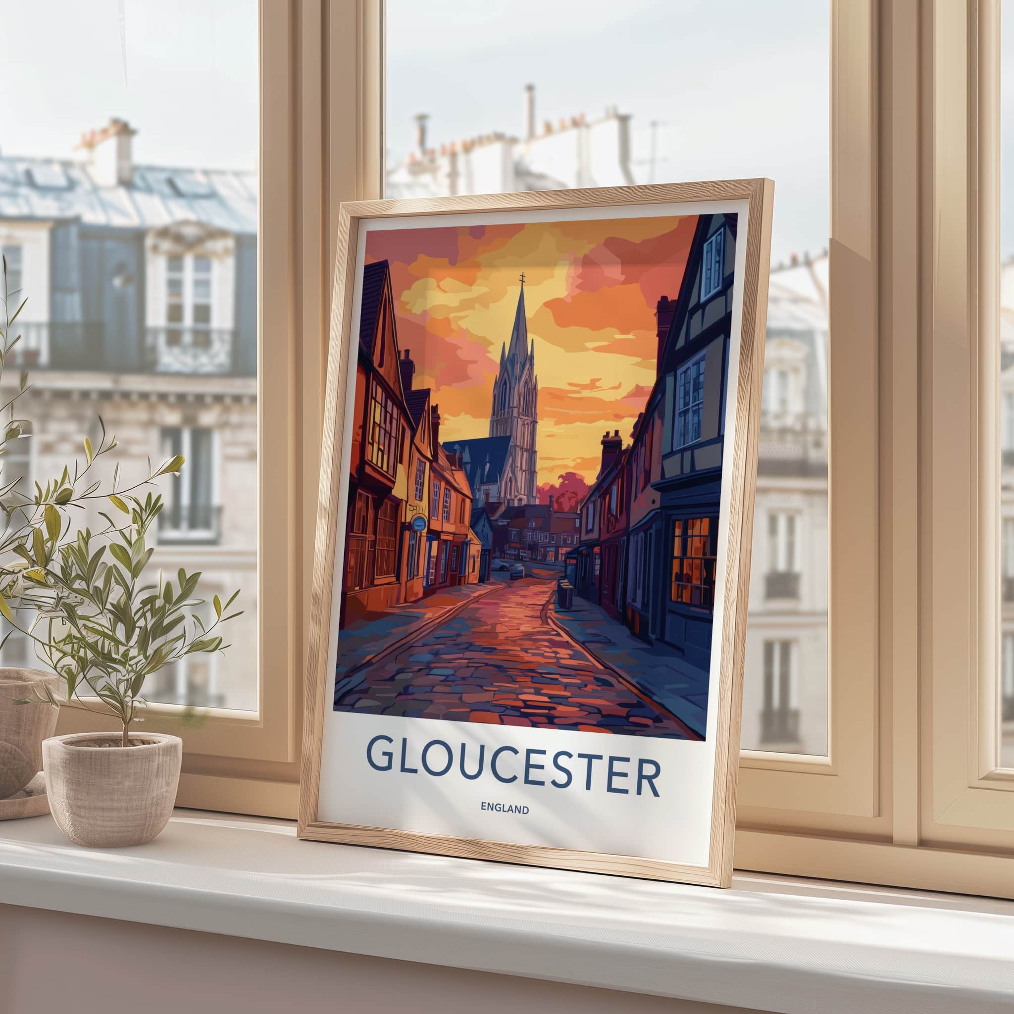 Gloucester Poster - England Travel Art - Sunset Cobblestone Street Wall Decor