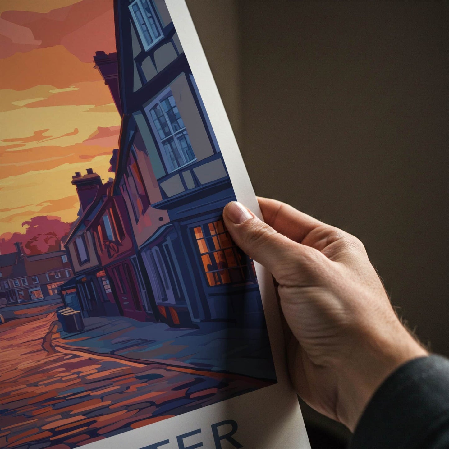 Gloucester Poster - England Travel Art - Sunset Cobblestone Street Wall Decor