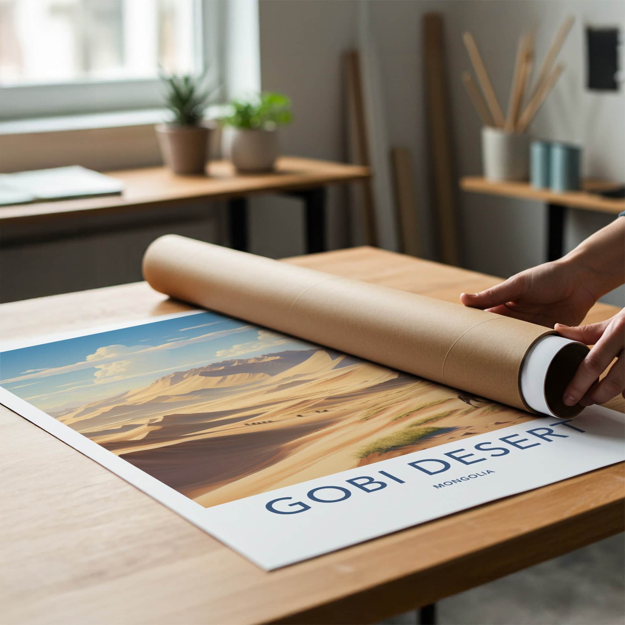 Gobi Desert Poster - Mongolia Travel Art - Camel Caravan Dunes Home Decor