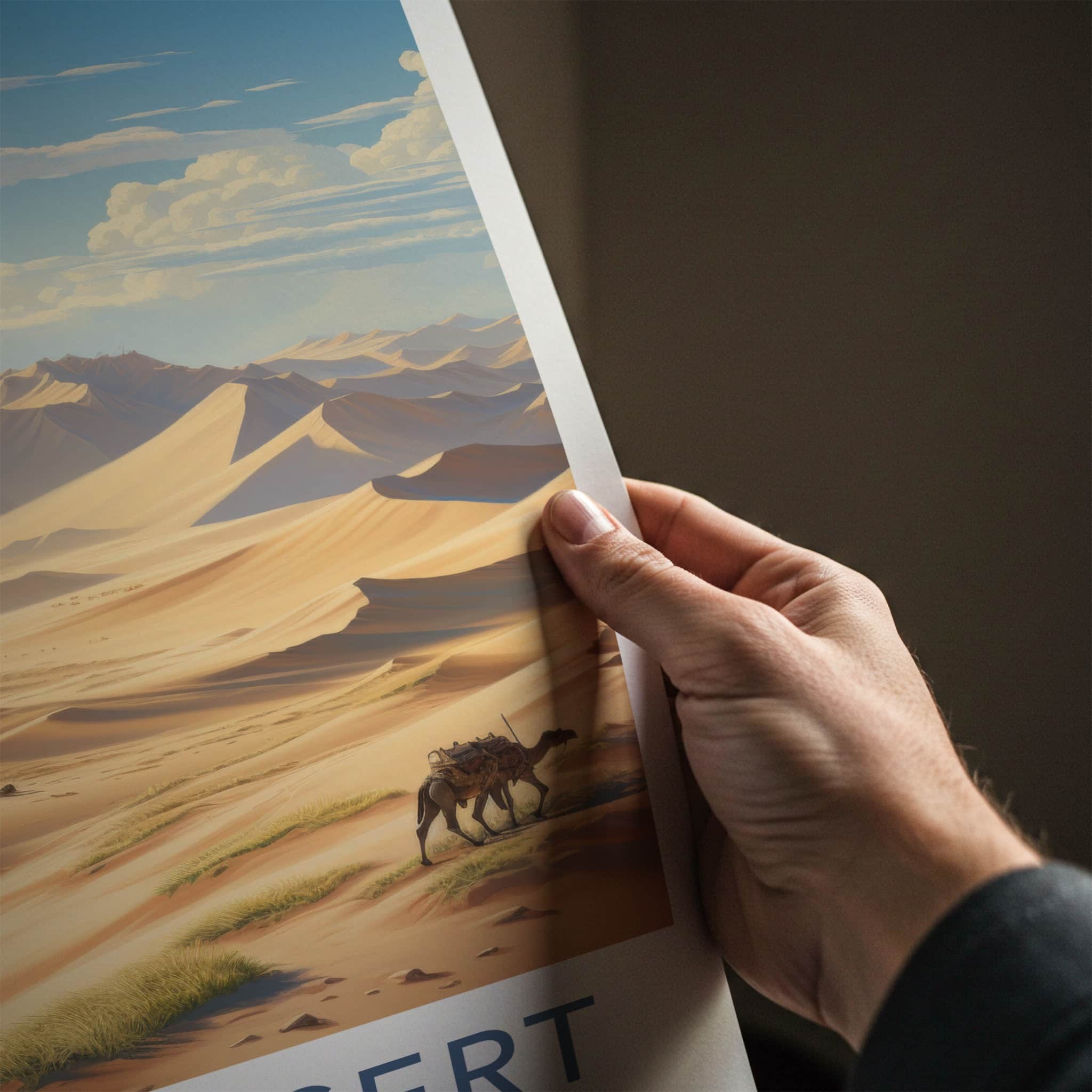 Gobi Desert Poster - Mongolia Travel Art - Camel Caravan Dunes Home Decor