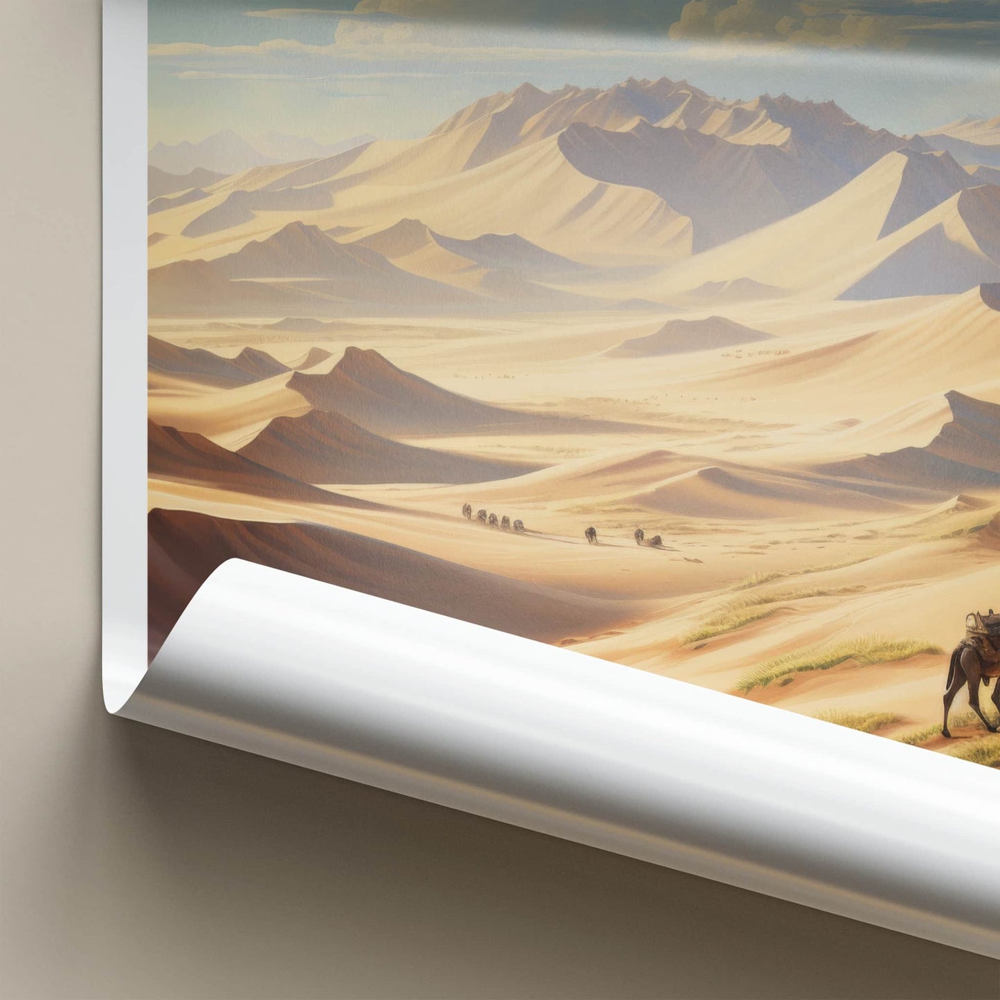 Gobi Desert Poster - Mongolia Travel Art - Camel Caravan Dunes Home Decor