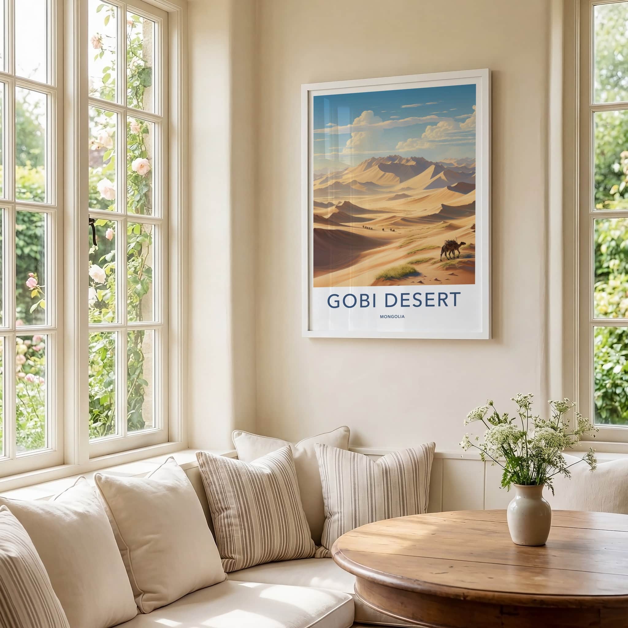 Gobi Desert Poster - Mongolia Travel Art - Camel Caravan Dunes Home Decor
