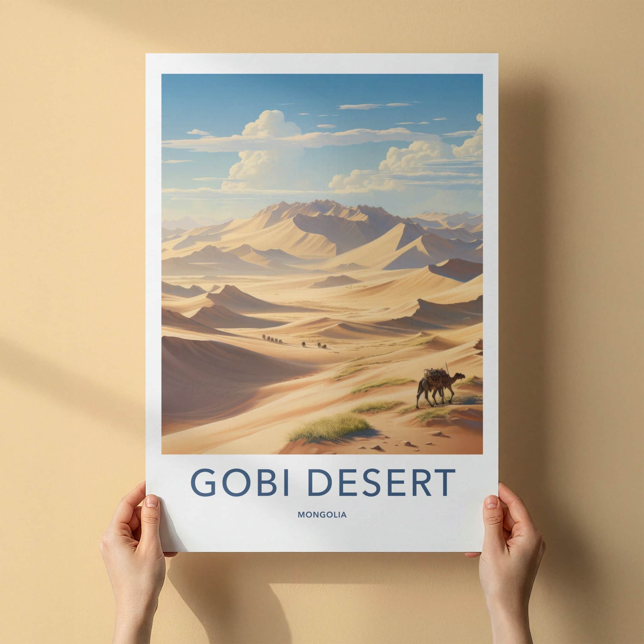 Gobi Desert Poster - Mongolia Travel Art - Camel Caravan Dunes Home Decor