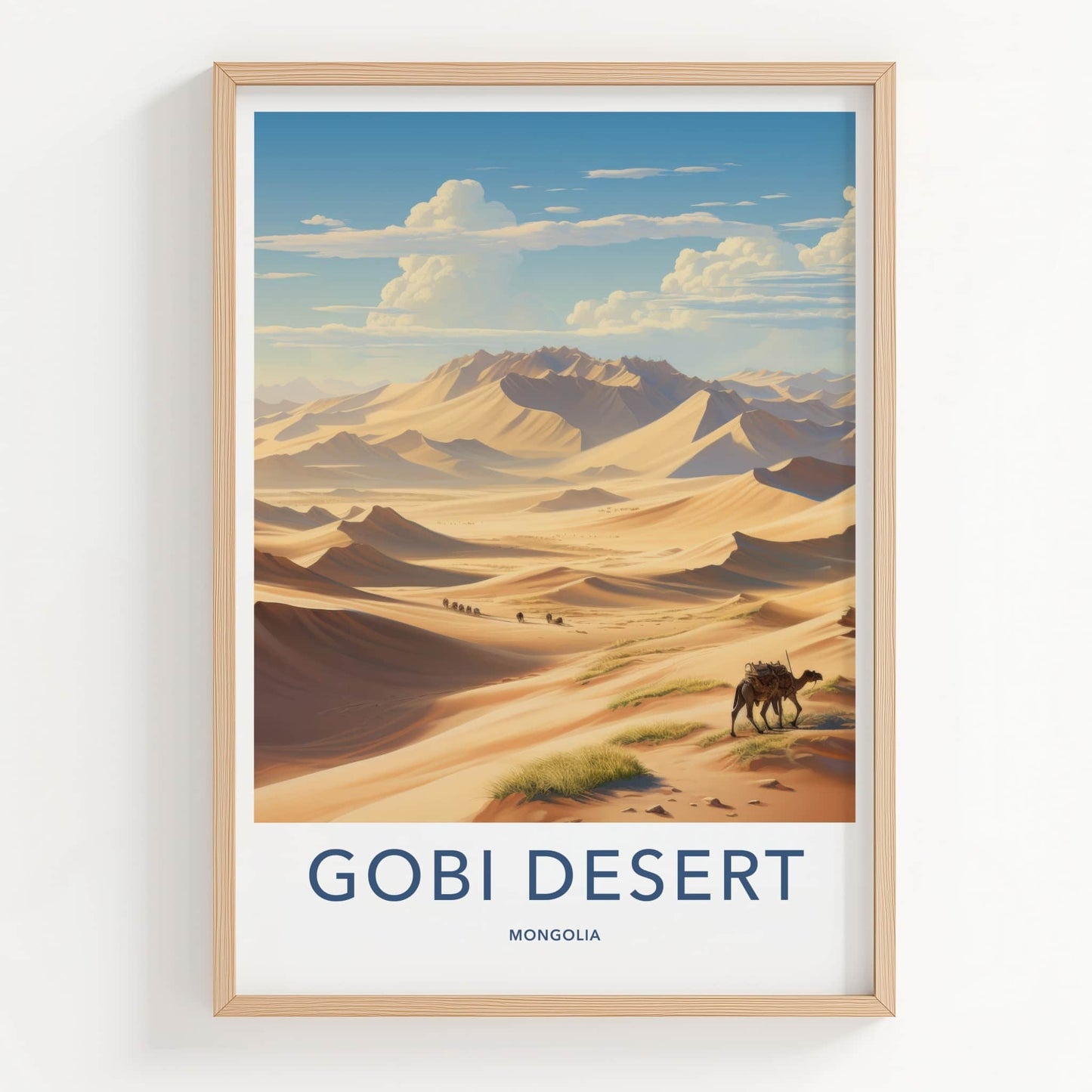 Gobi Desert Poster - Mongolia Travel Art - Camel Caravan Dunes Home Decor