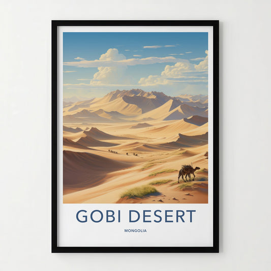 Gobi Desert Poster - Mongolia Travel Art - Camel Caravan Dunes Home Decor