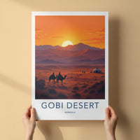 Gobi Desert Poster - Mongolia Travel Art - Desert Sunset Camels Home Decor