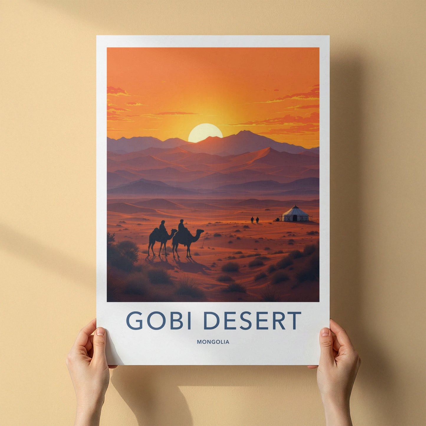 Gobi Desert Poster - Mongolia Travel Art - Desert Sunset Camels Home Decor
