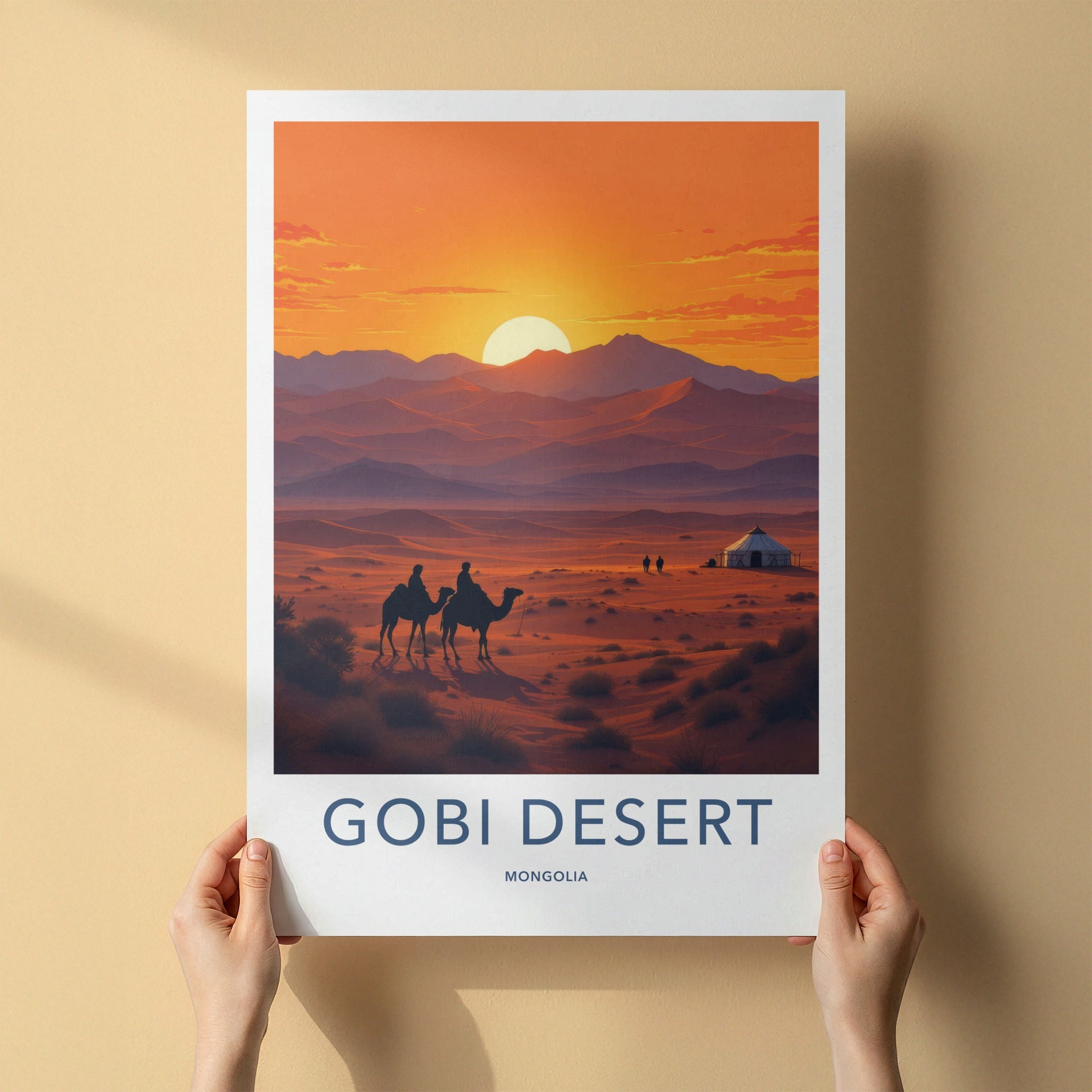 Gobi Desert Poster - Mongolia Travel Art - Desert Sunset Camels Home Decor