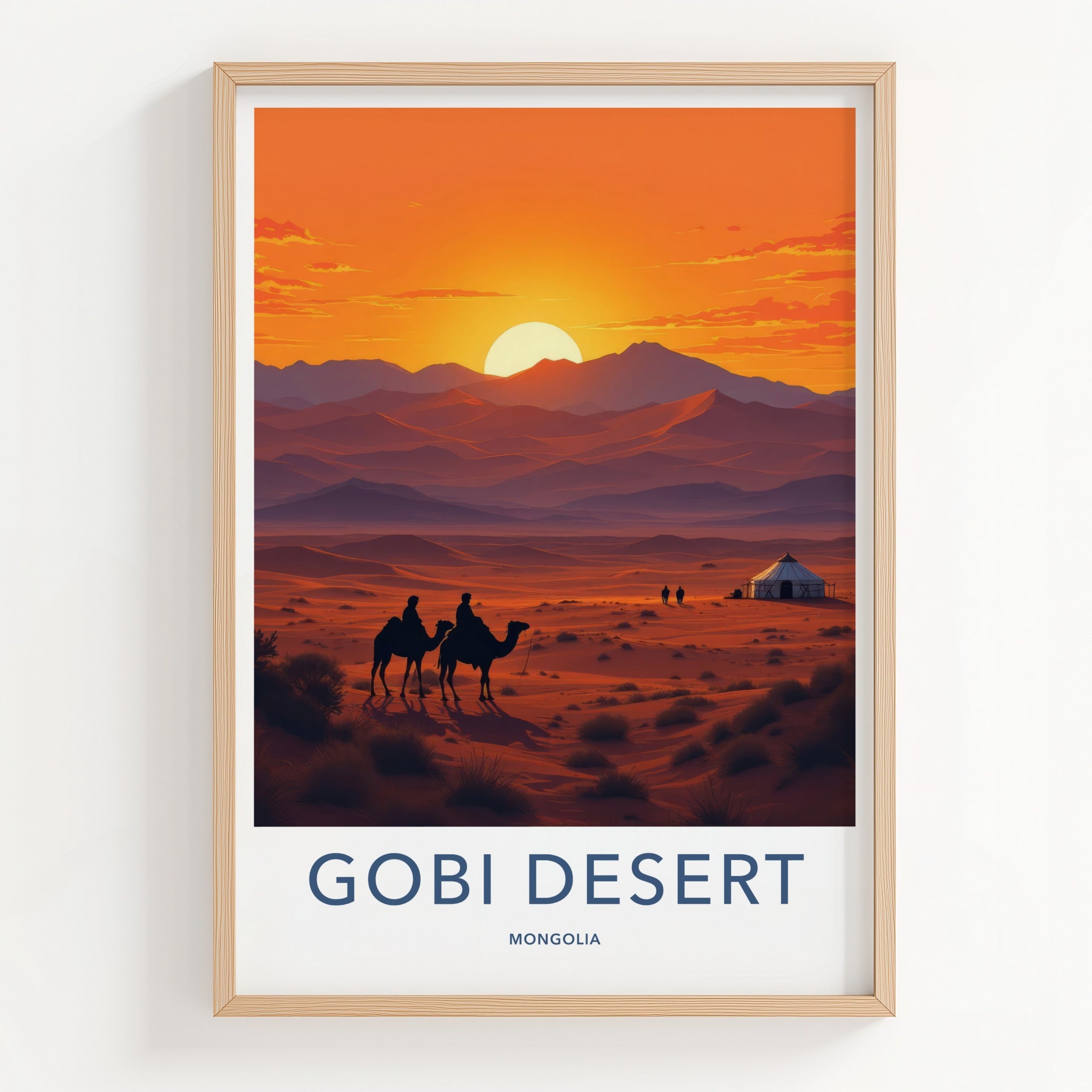 Gobi Desert Poster - Mongolia Travel Art - Desert Sunset Camels Home Decor