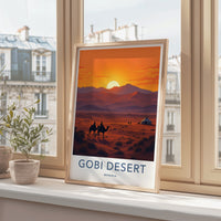 Gobi Desert Poster - Mongolia Travel Art - Desert Sunset Camels Home Decor