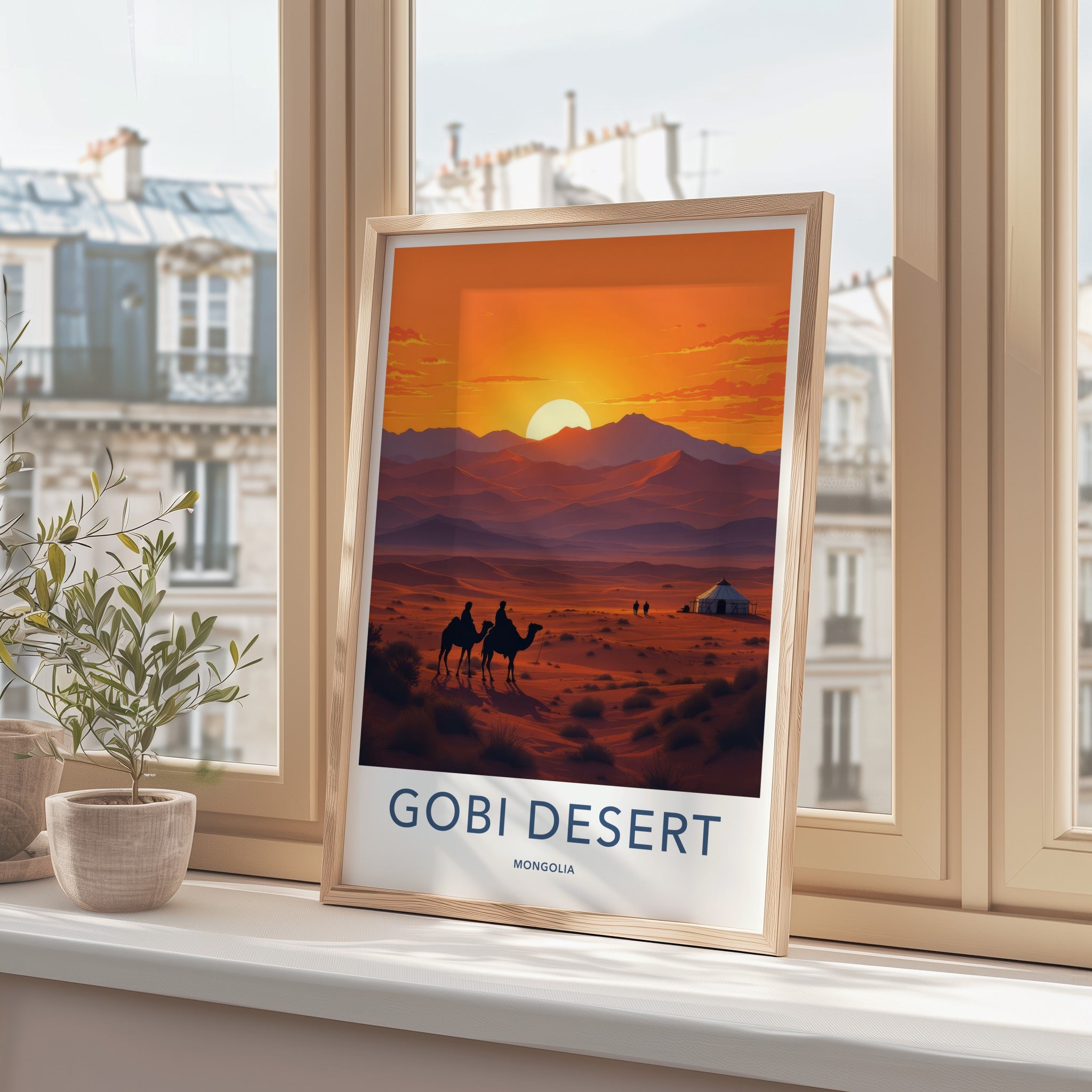 Gobi Desert Poster - Mongolia Travel Art - Desert Sunset Camels Home Decor