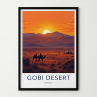 Gobi Desert Poster - Mongolia Travel Art - Desert Sunset Camels Home Decor