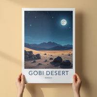 Gobi Desert Poster - Mongolia Travel Art - Moonlit Desert Sky Home Decor