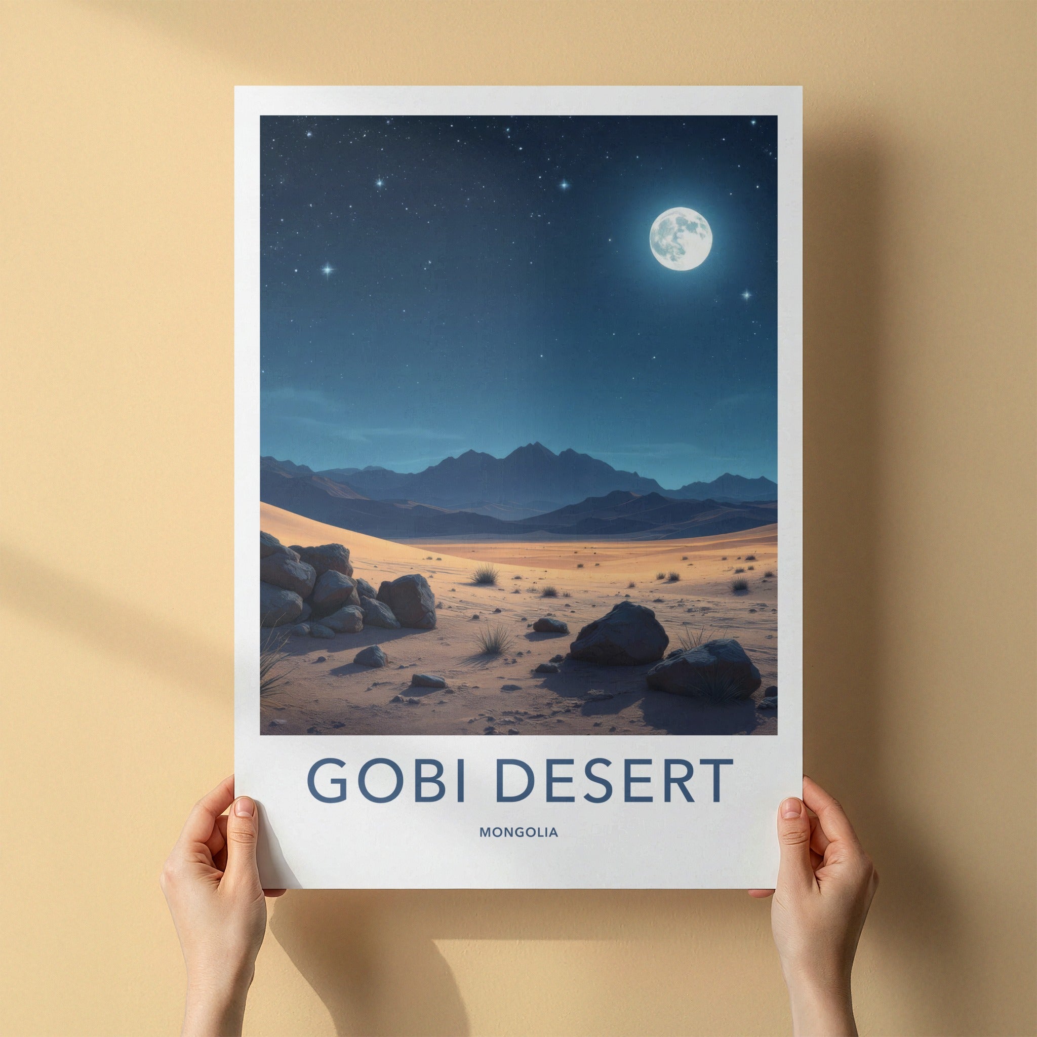 Gobi Desert Poster - Mongolia Travel Art - Moonlit Desert Sky Home Decor