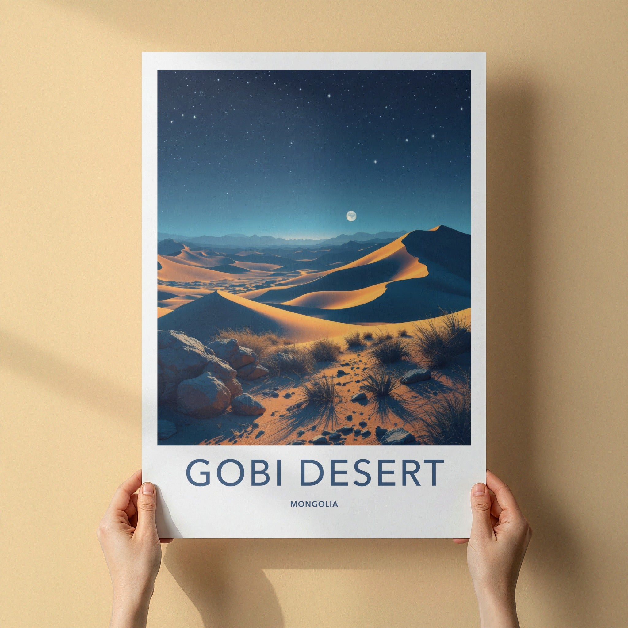 Gobi Desert Poster - Mongolia Travel Print - Moonlit Sand Dunes Wall Decor