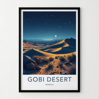 Gobi Desert Poster - Mongolia Travel Print - Moonlit Sand Dunes Wall Decor