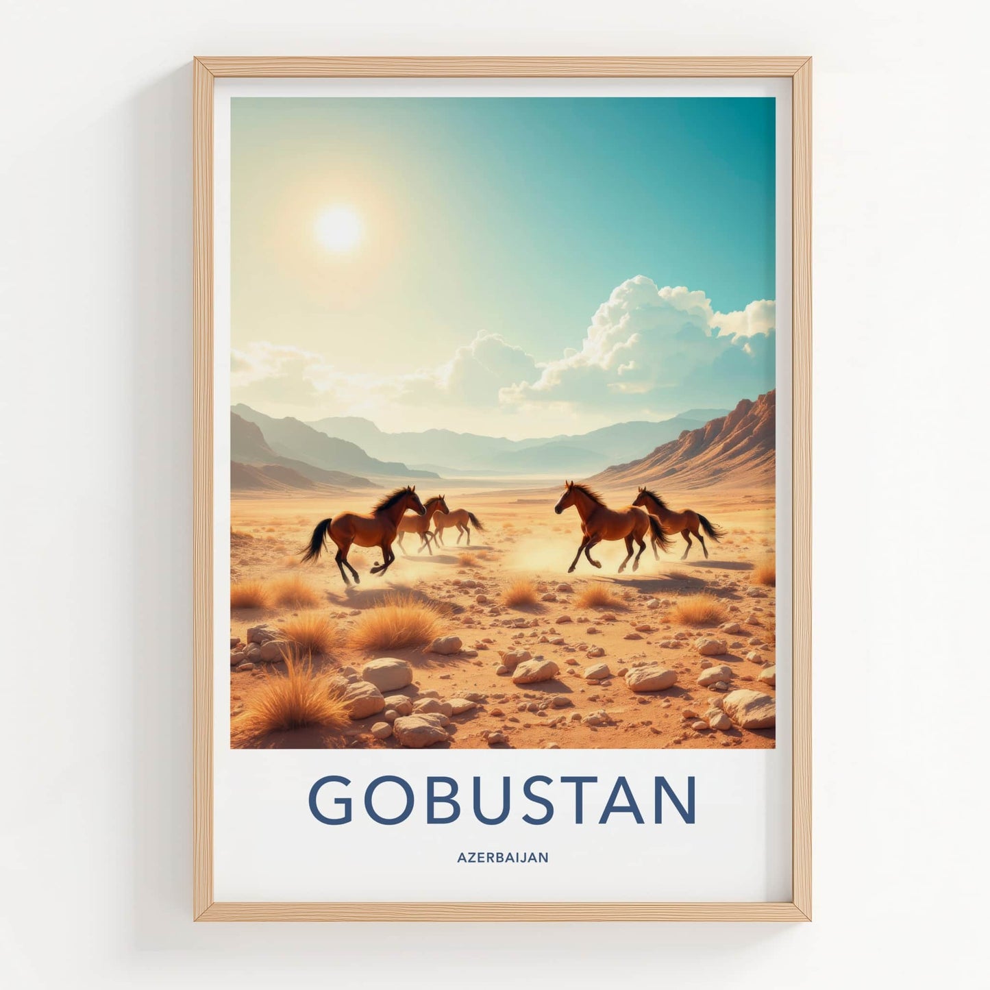 Gobustan Poster - Azerbaijan Travel Art - Running Horses Desert Home Decor