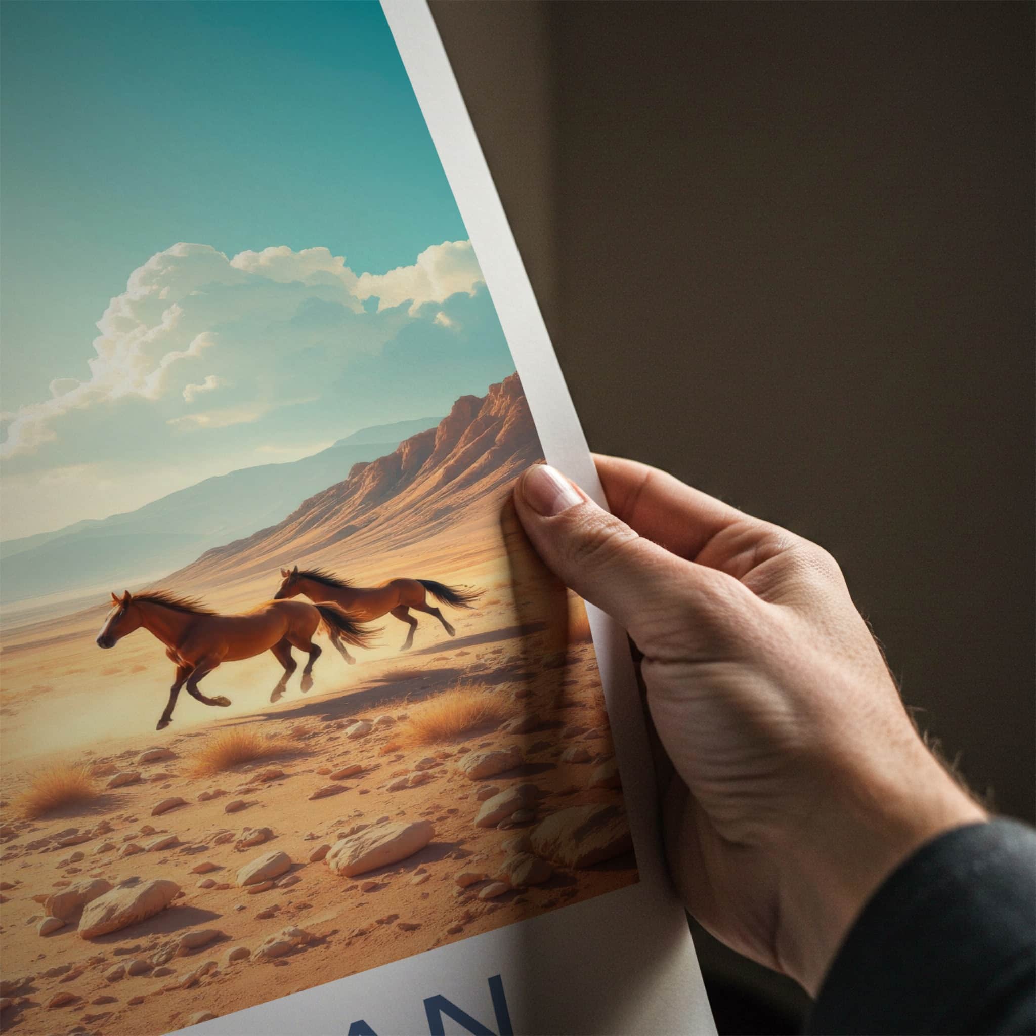 Gobustan Poster - Azerbaijan Travel Art - Running Horses Desert Home Decor
