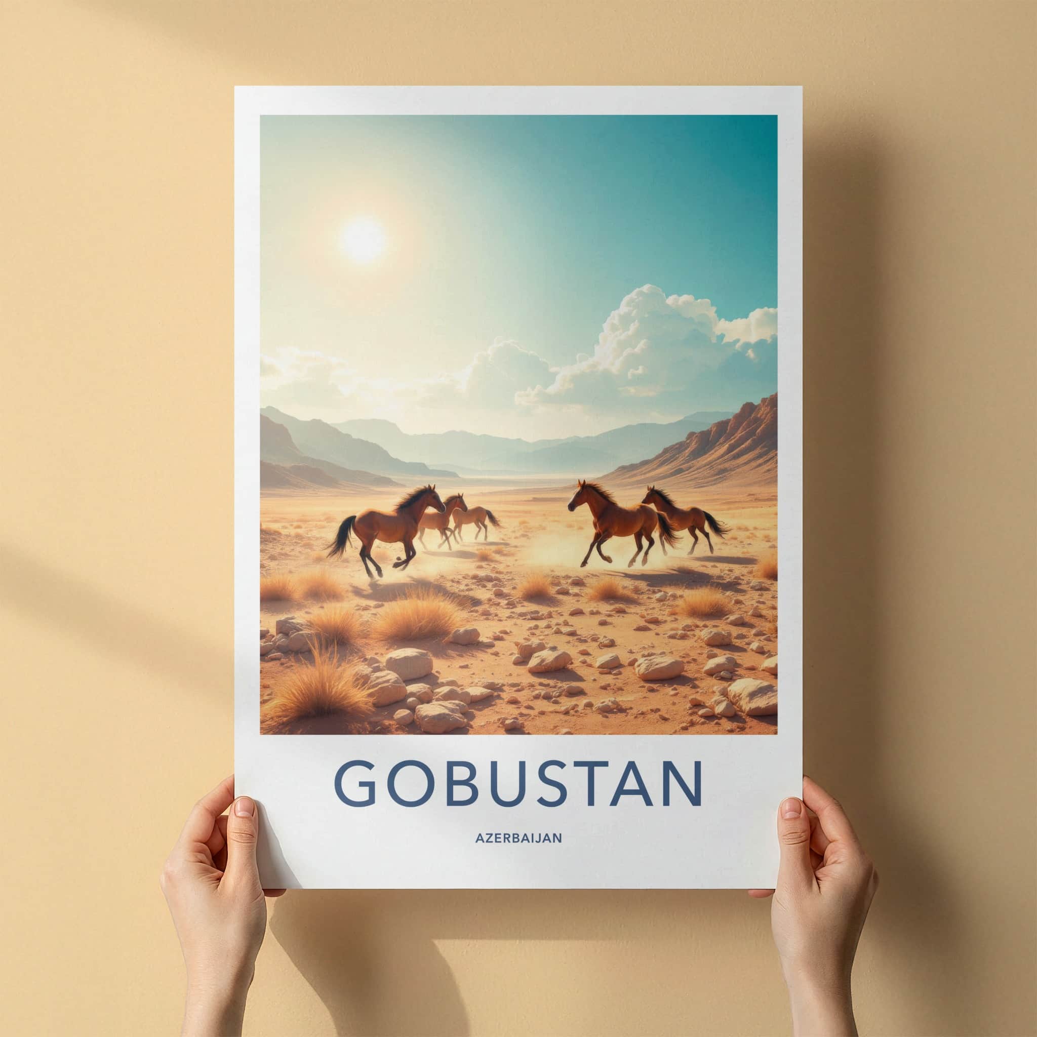 Gobustan Poster - Azerbaijan Travel Art - Running Horses Desert Home Decor