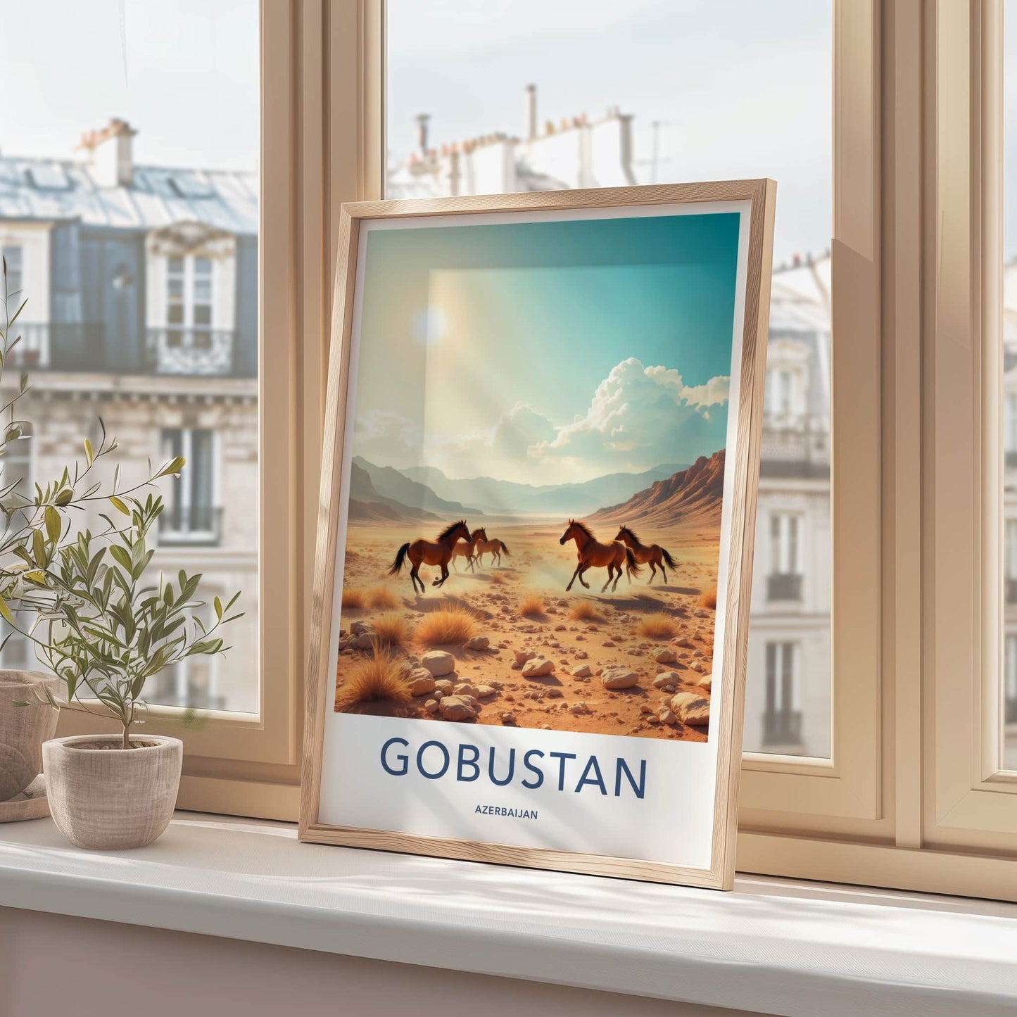 Gobustan Poster - Azerbaijan Travel Art - Running Horses Desert Home Decor