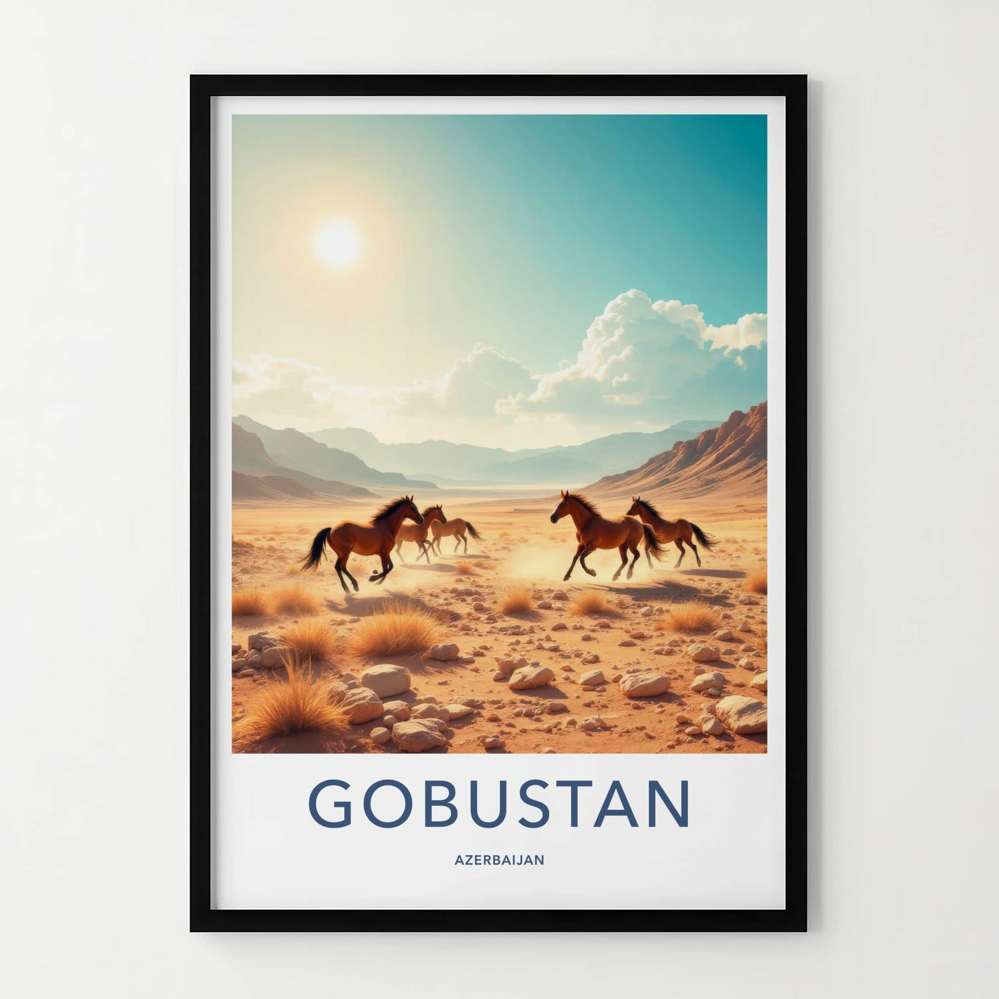 Gobustan Poster - Azerbaijan Travel Art - Running Horses Desert Home Decor