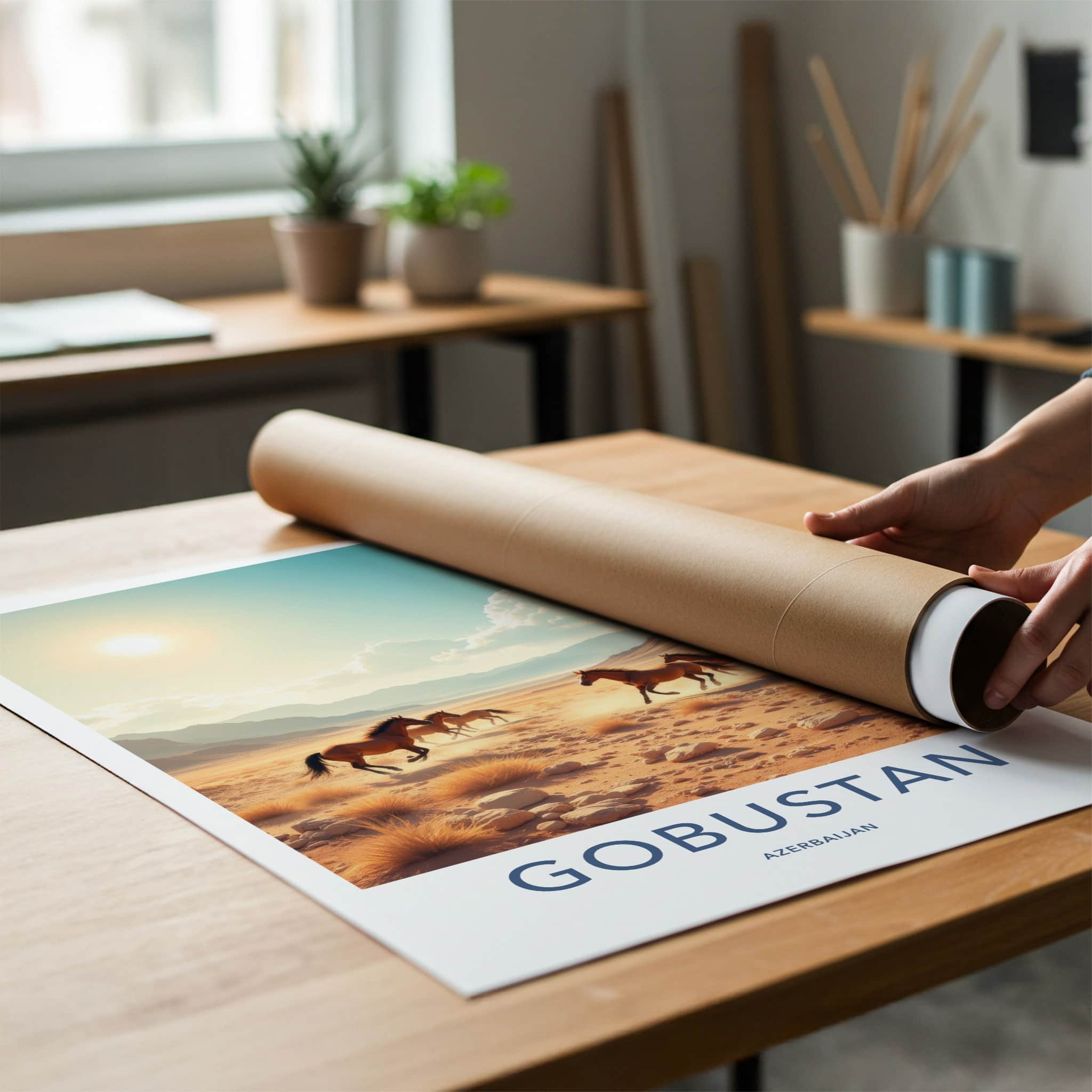 Gobustan Poster - Azerbaijan Travel Art - Running Horses Desert Home Decor