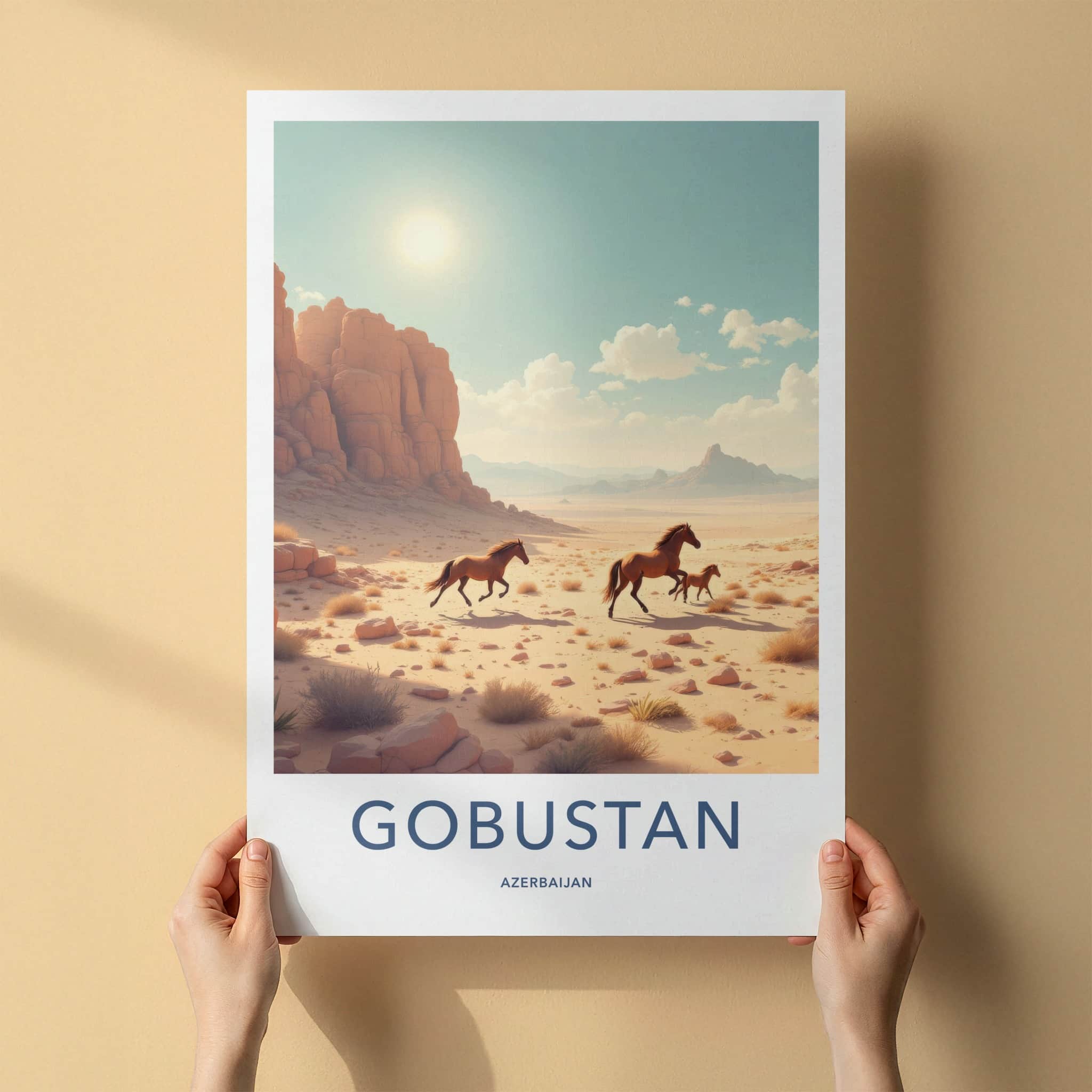 Gobustan Poster - Azerbaijan Wall Art - Running Desert Horses Home Decor