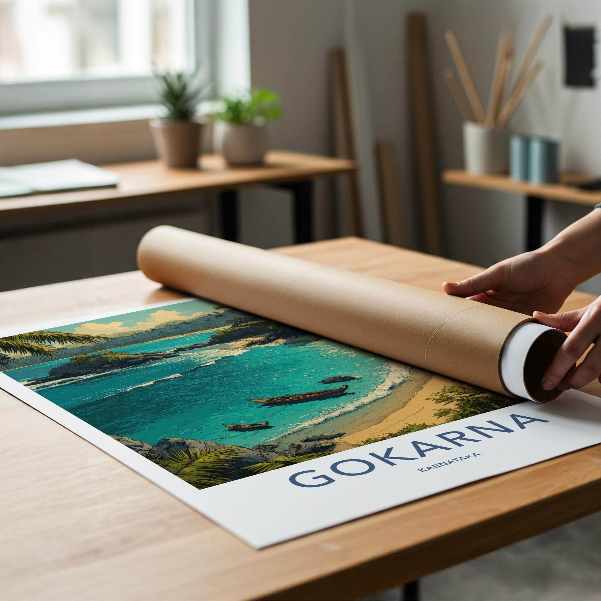 Gokarna Poster - India Travel Art - Karnataka Tropical beach boats Home Decor