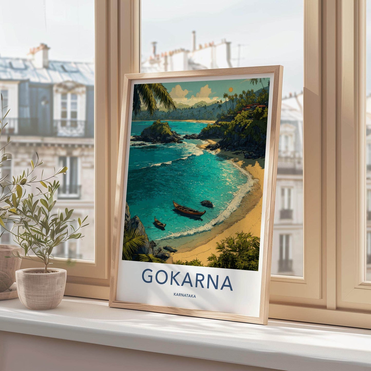 Gokarna Poster - India Travel Art - Karnataka Tropical beach boats Home Decor