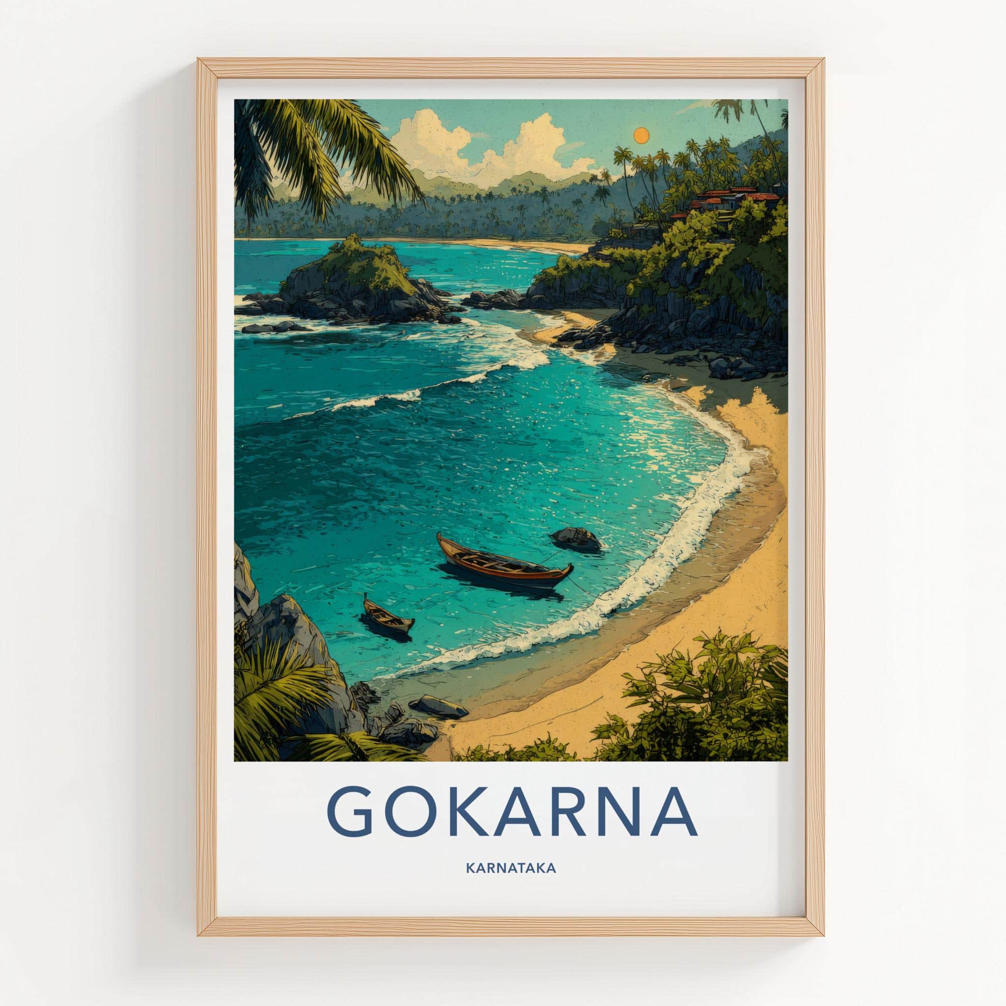 Gokarna Poster - India Travel Art - Karnataka Tropical beach boats Home Decor