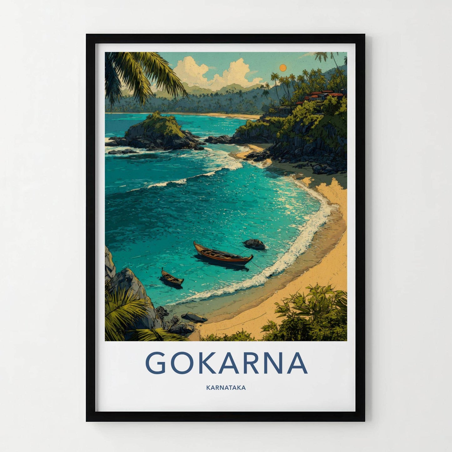 Gokarna Poster - India Travel Art - Karnataka Tropical beach boats Home Decor