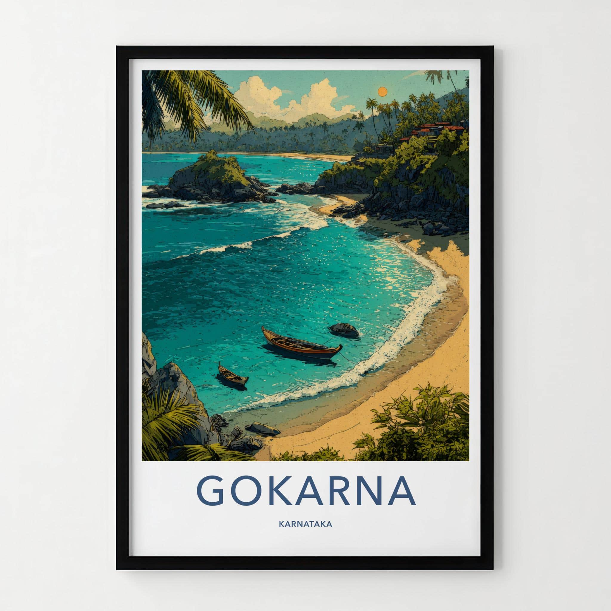 Gokarna Poster - India Travel Art - Karnataka Tropical beach boats Home Decor