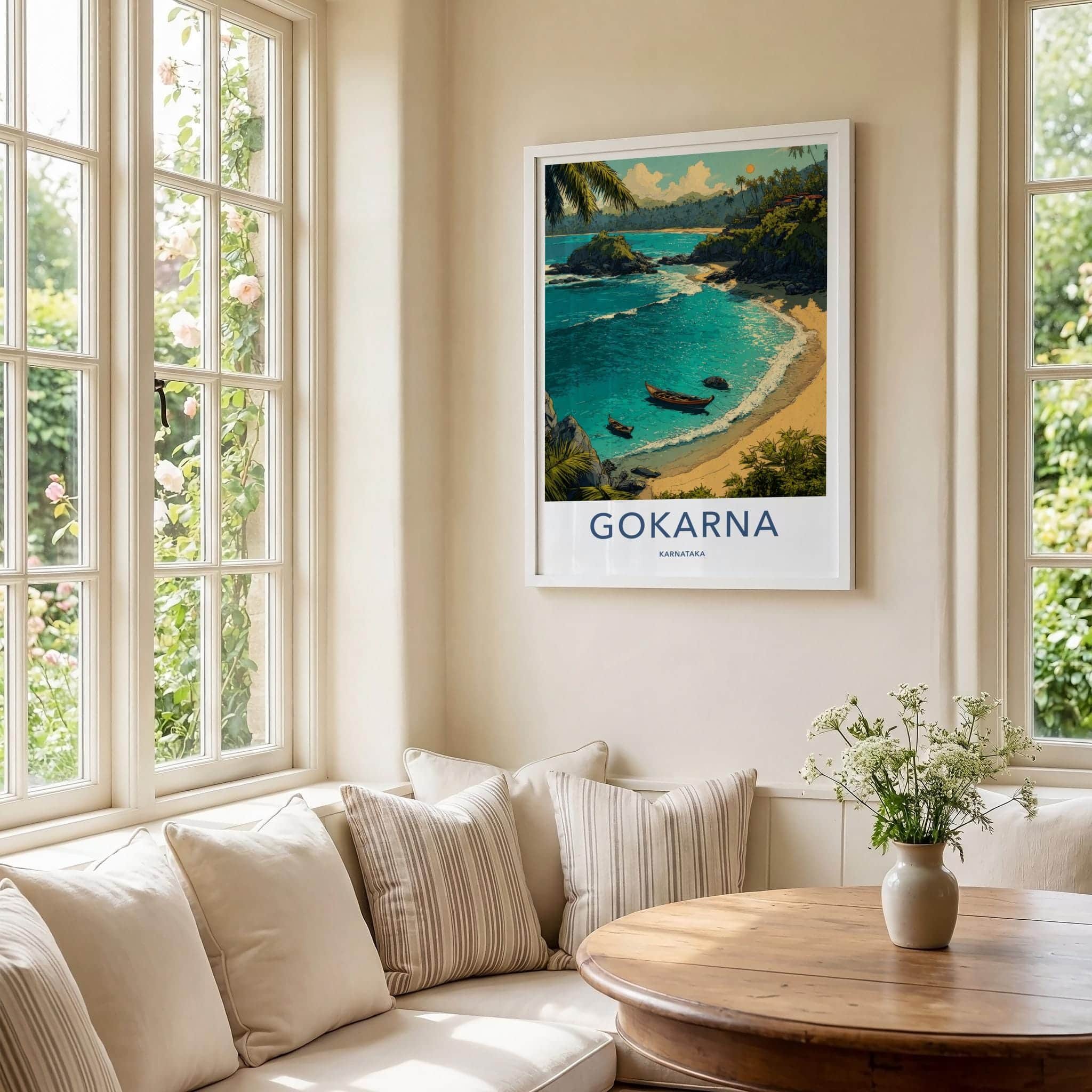 Gokarna Poster - India Travel Art - Karnataka Tropical beach boats Home Decor