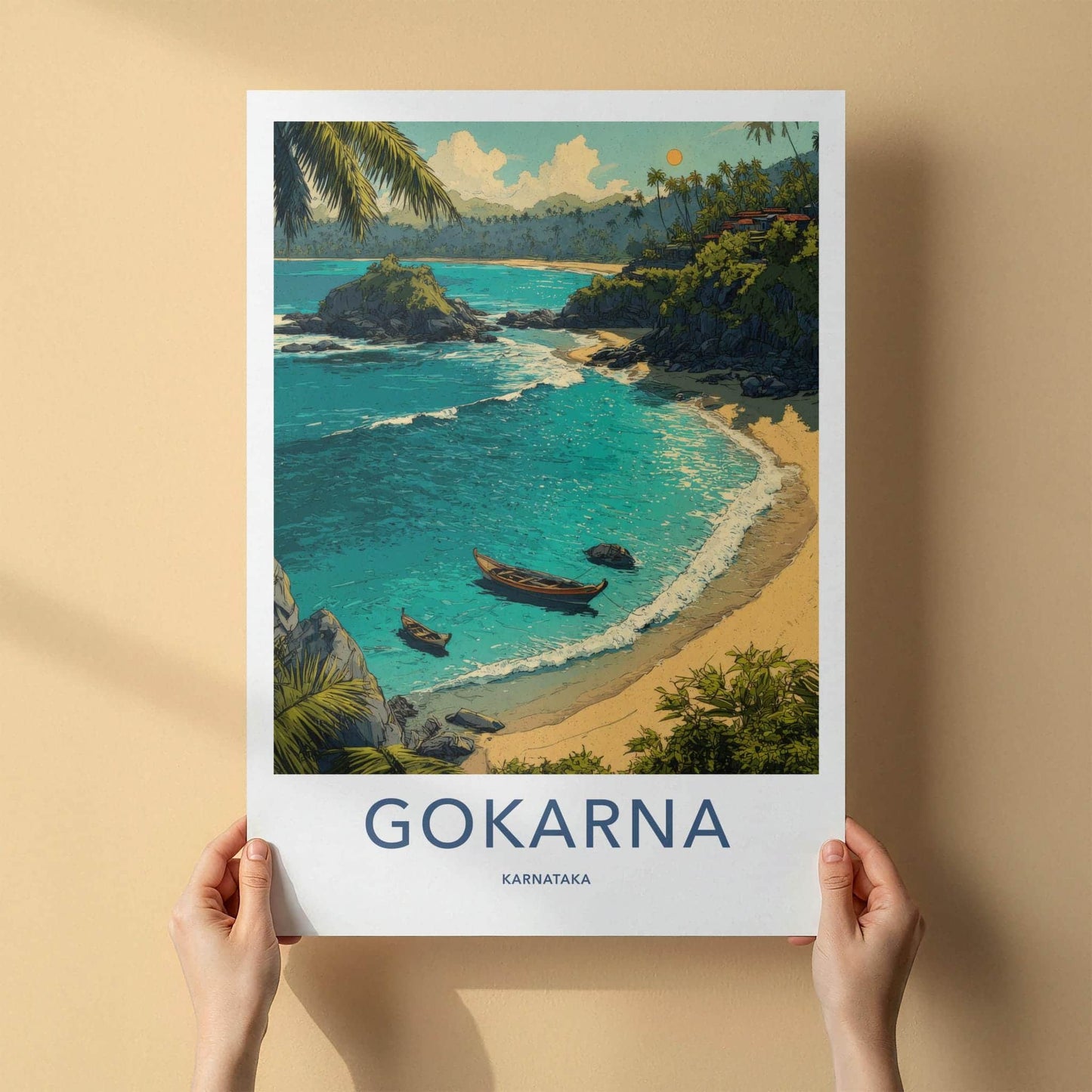 Gokarna Poster - India Travel Art - Karnataka Tropical beach boats Home Decor
