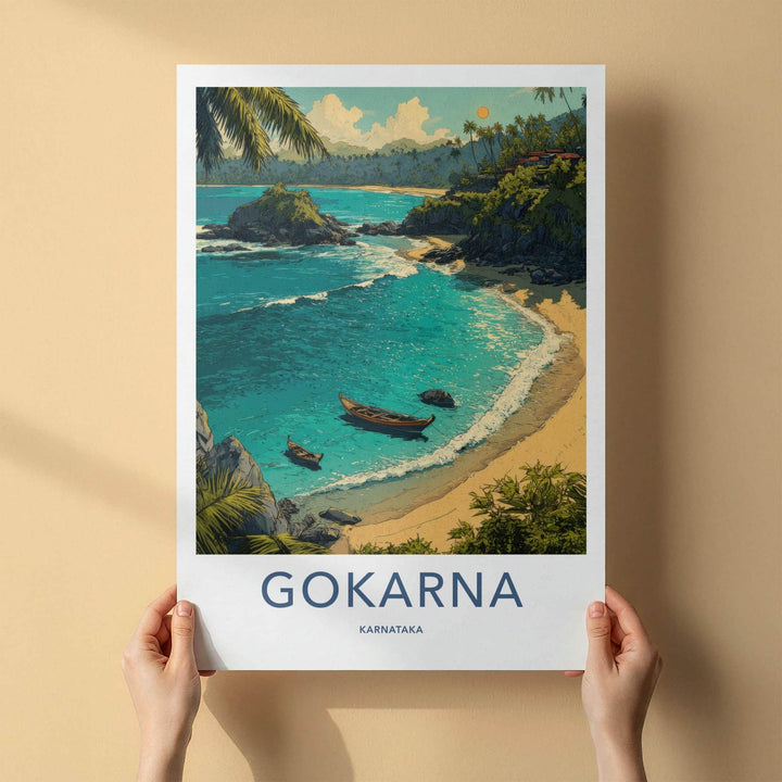 Gokarna Poster - India Travel Art - Karnataka Tropical beach boats Home Decor