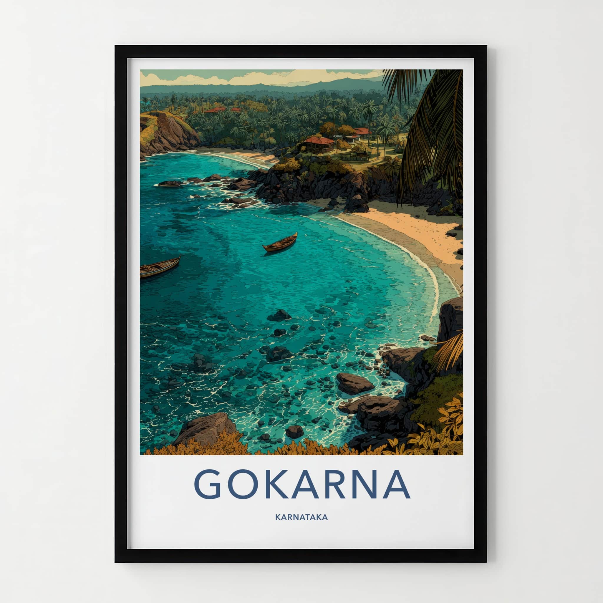 Gokarna Poster - India Wall Art - Blue Water Boats Home Decor
