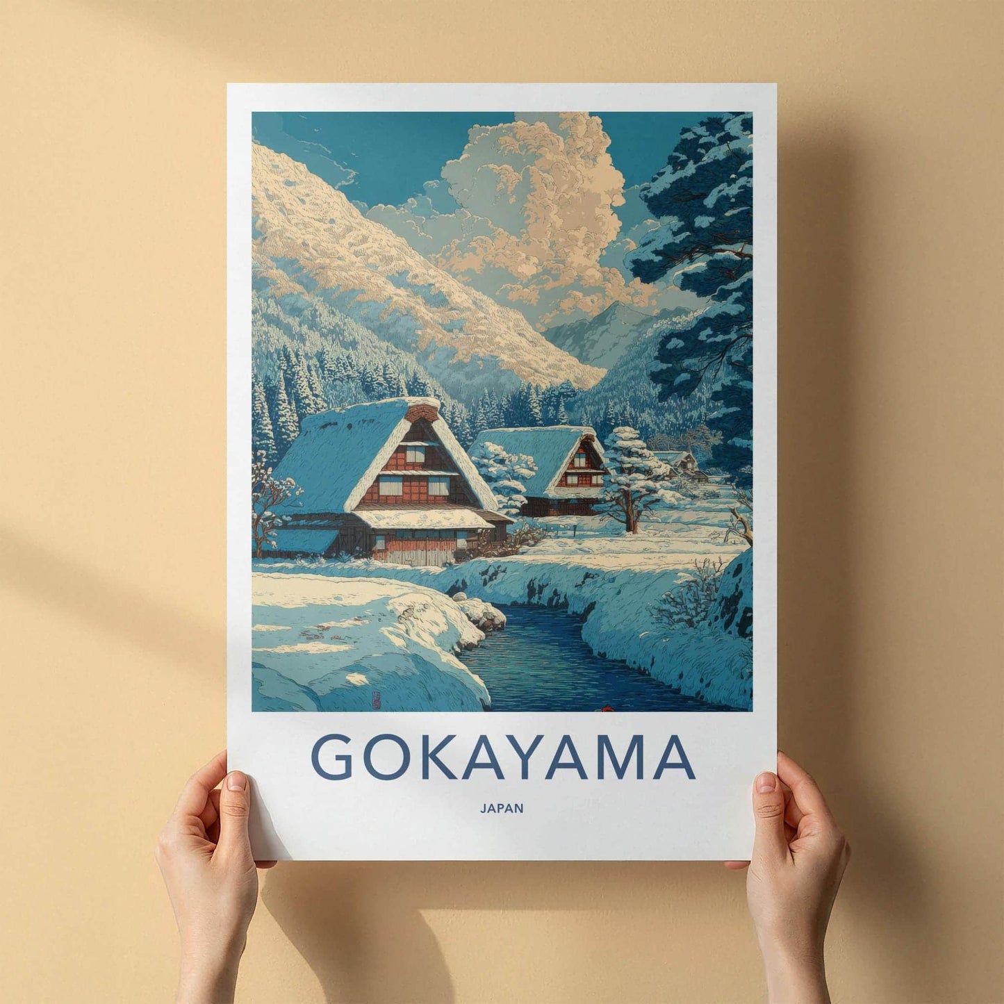 Gokayama Poster - Japan Travel Art - Snowy Village River Home Decor