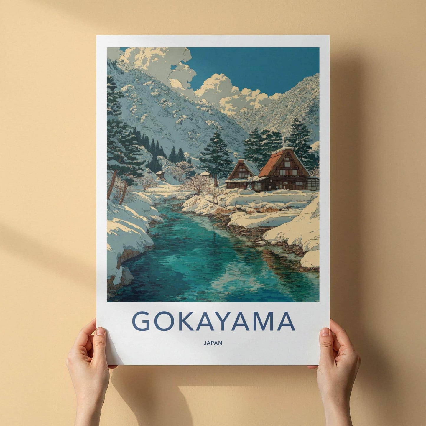 Gokayama Poster - Japan Travel Art - Snowy Village River Home Decor