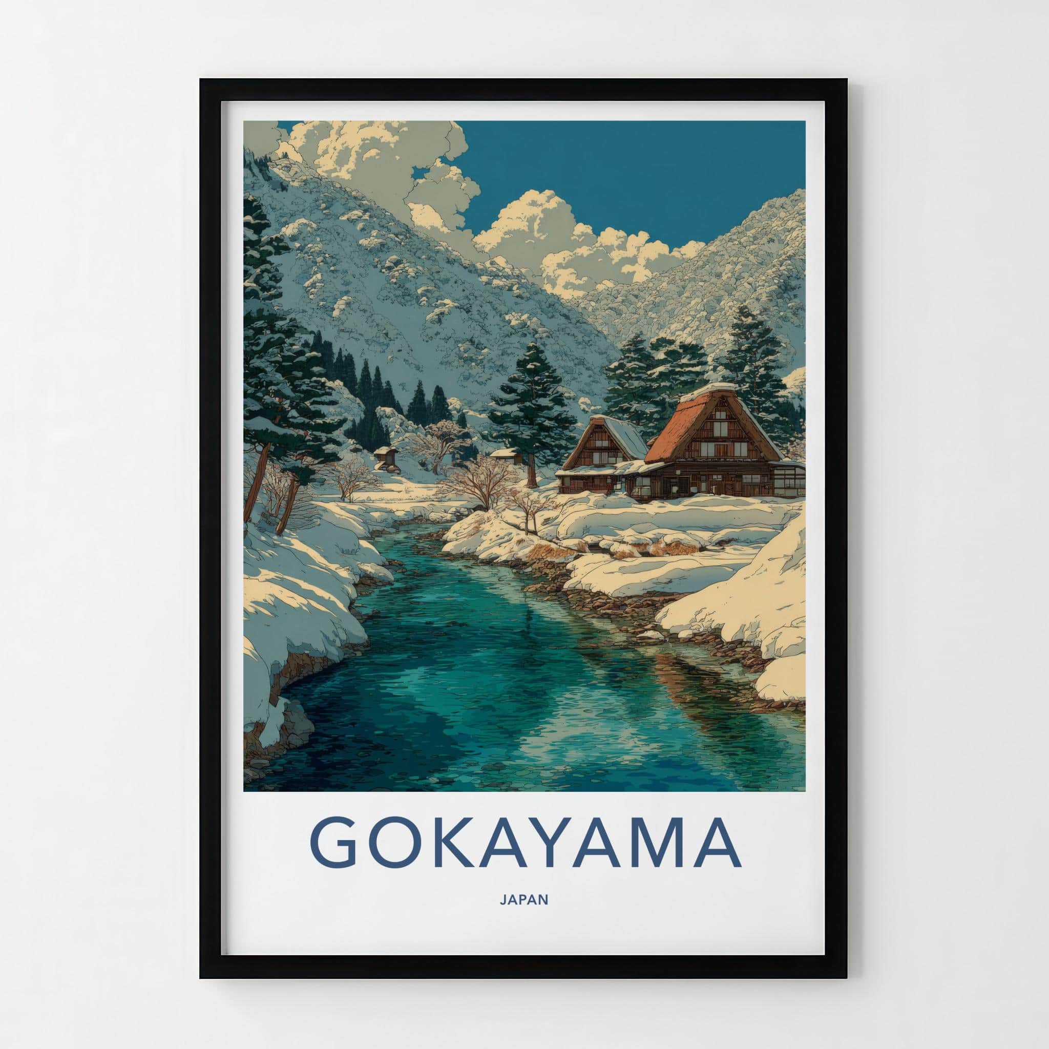 Gokayama Poster - Japan Travel Art - Snowy Village River Home Decor