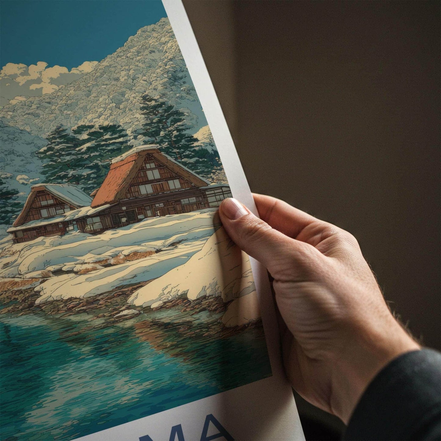 Gokayama Poster - Japan Travel Art - Snowy Village River Home Decor