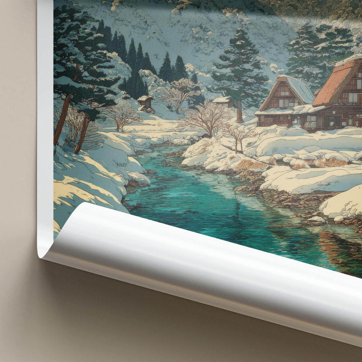 Gokayama Poster - Japan Travel Art - Snowy Village River Home Decor