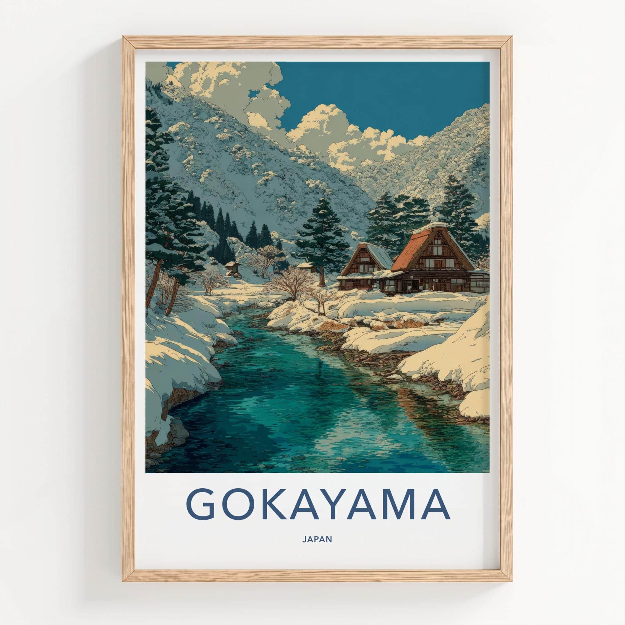 Gokayama Poster - Japan Travel Art - Snowy Village River Home Decor