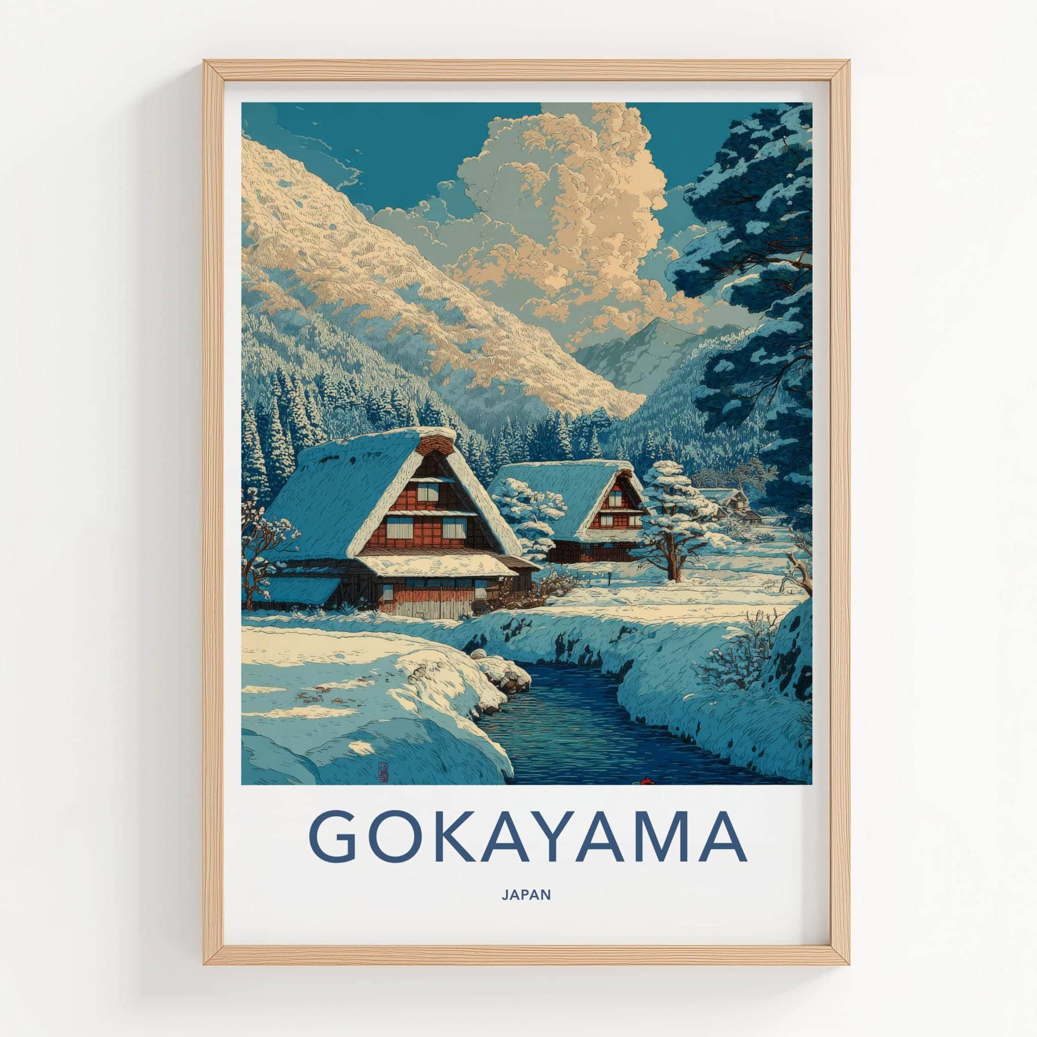 Gokayama Poster - Japan Travel Art - Snowy Village River Home Decor