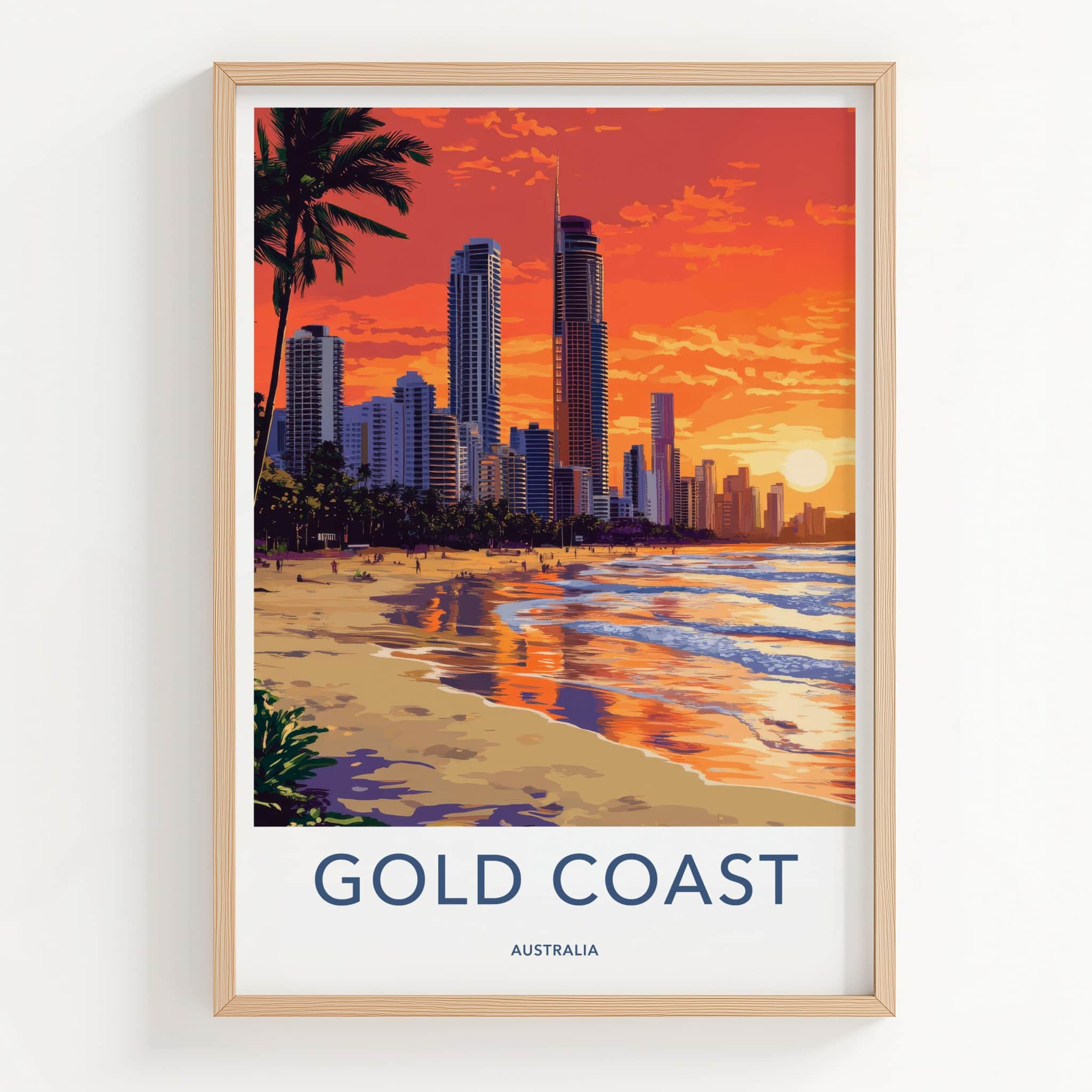 Gold Coast Poster - Australia Travel Art - Oceanfront Skyline Sunset Wall Decor