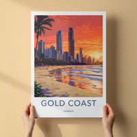 Gold Coast Poster - Australia Travel Art - Oceanfront Skyline Sunset Wall Decor