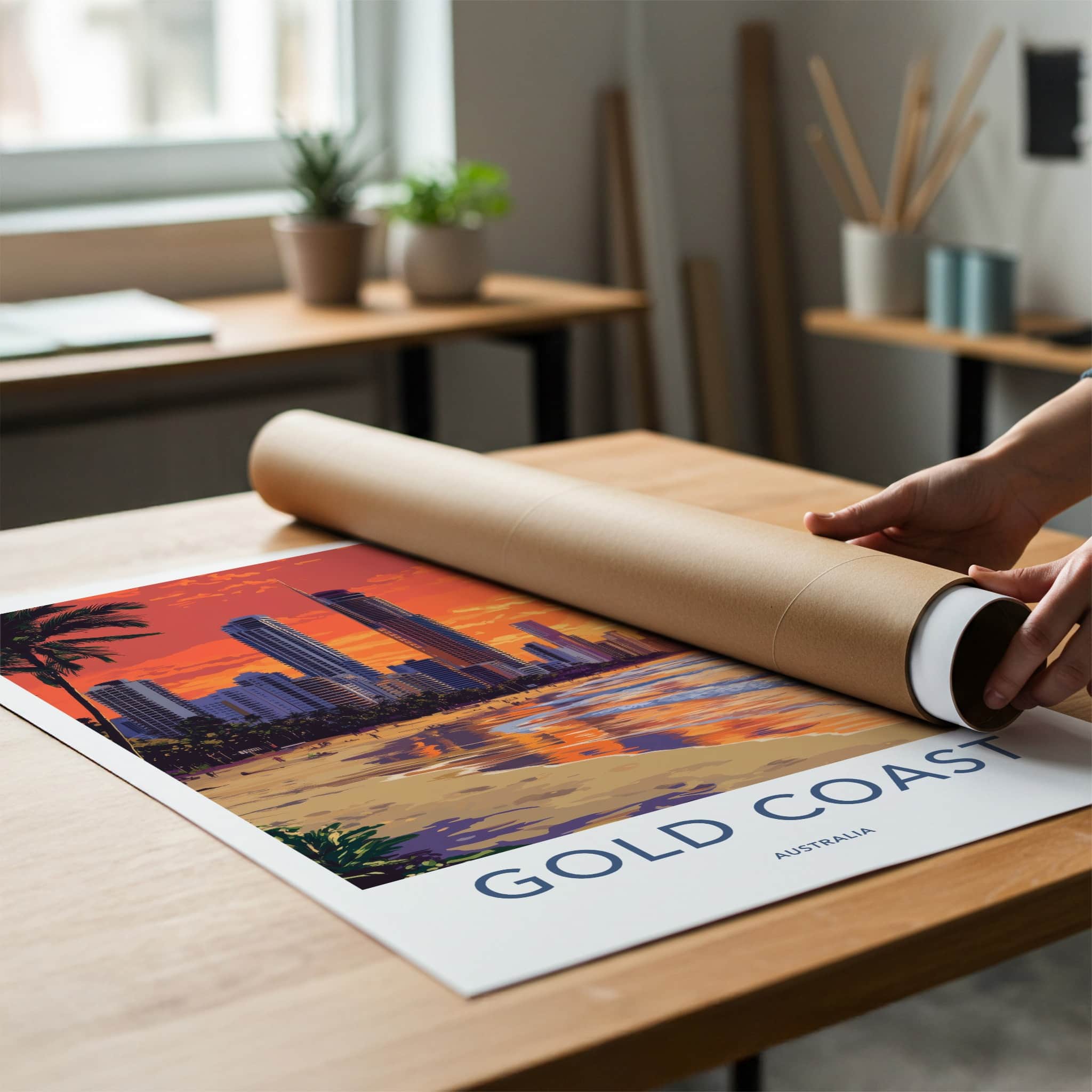 Gold Coast Poster - Australia Travel Art - Oceanfront Skyline Sunset Wall Decor