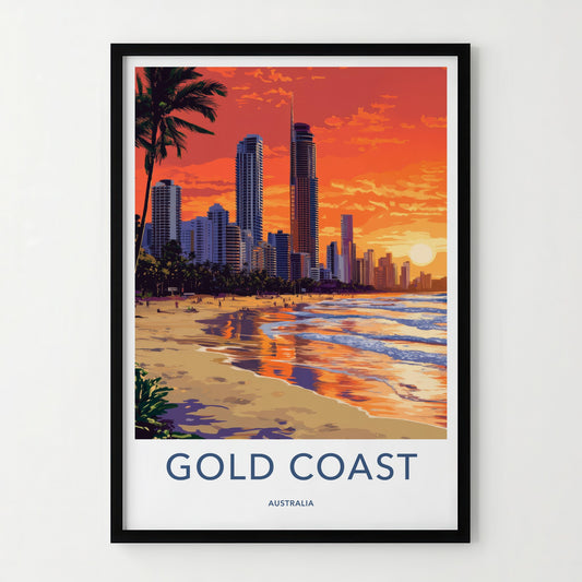 Gold Coast Poster - Australia Travel Art - Oceanfront Skyline Sunset Wall Decor