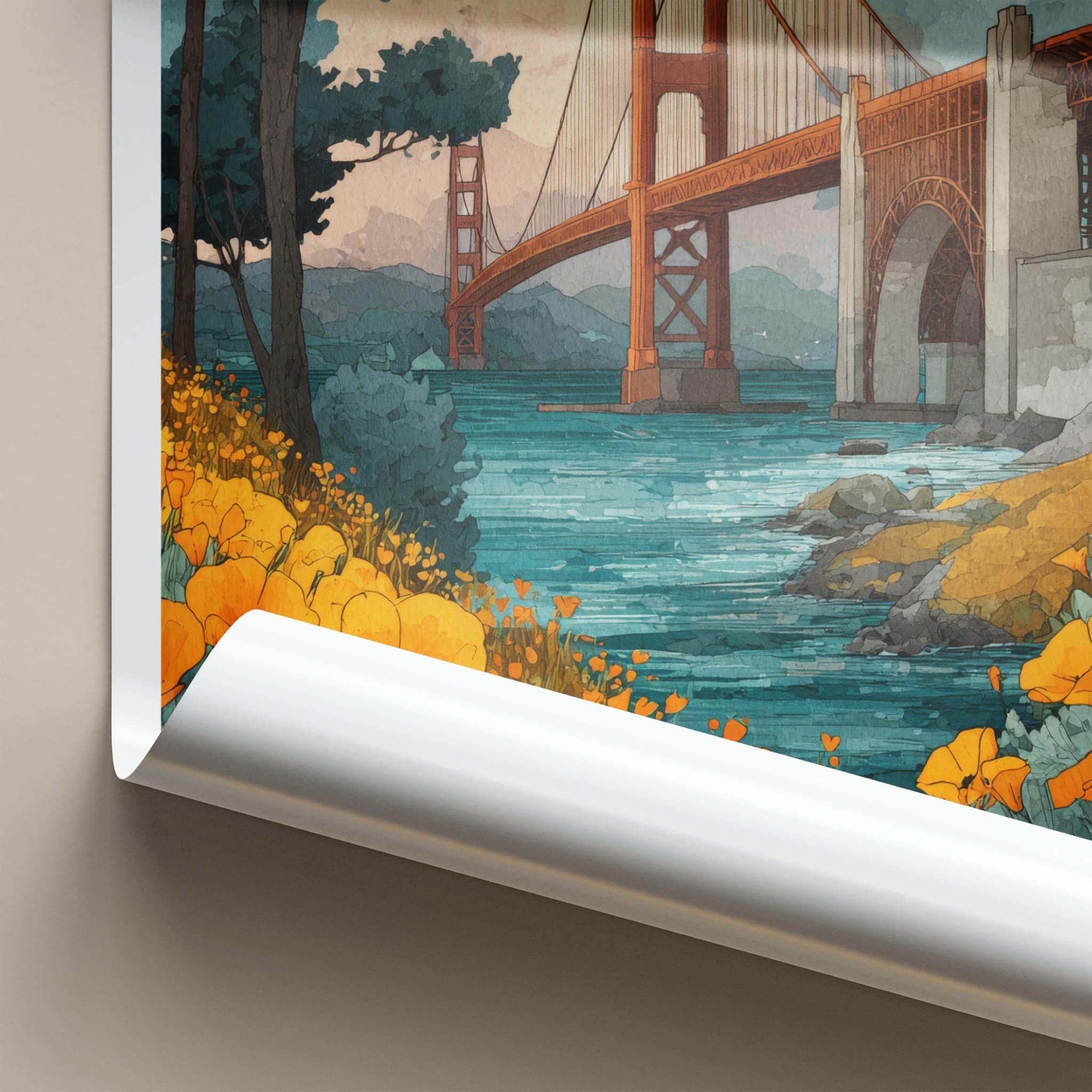 Golden Gate Bridge Poster - California Travel Art - Poppies Golden Bridge Home Decor